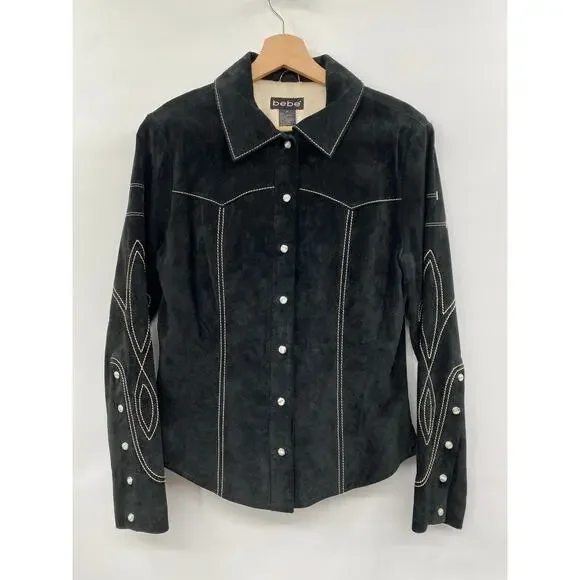 Vintage suede leather bebe M stitched western pearl snap