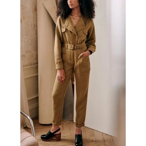 Sezane Linen-Blend Hailey Long-Sleeve Jumpsuit