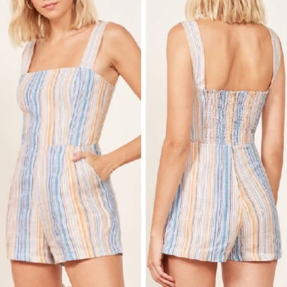 Reformation Island Linen Romper Marbella Stripe 0‎