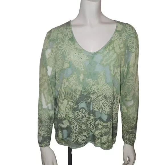 SIGRID OLSEN Long Sleeve Paisley V Neck Blouse Womens Size Large