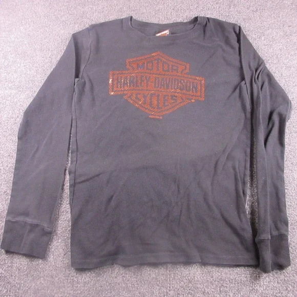 Harley-Davidson Shirt Womens Large Black‎ Long Sleeve Rhinestone Logo Biker