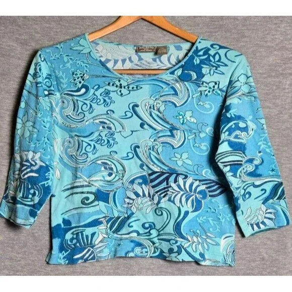 Jane Ashley Womens Shirt Y2K Blue Floral Sequin Beaded 3/4 Sleeve Size 1X
