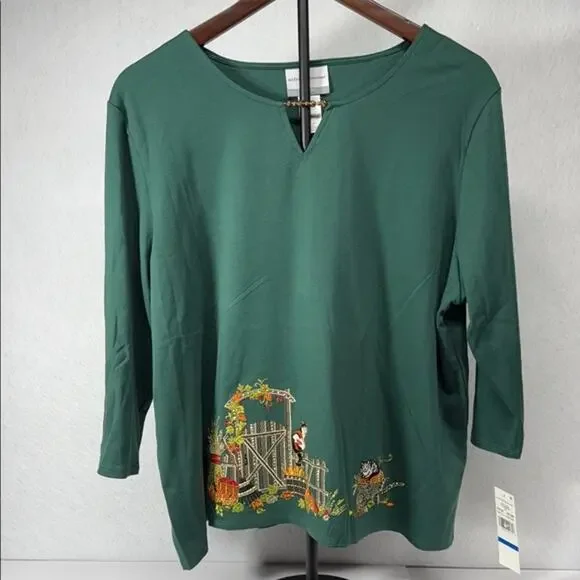 Women's Grandma New NWT Alfred Dunner Fall Autumn Cats Green Embroidered Top PM