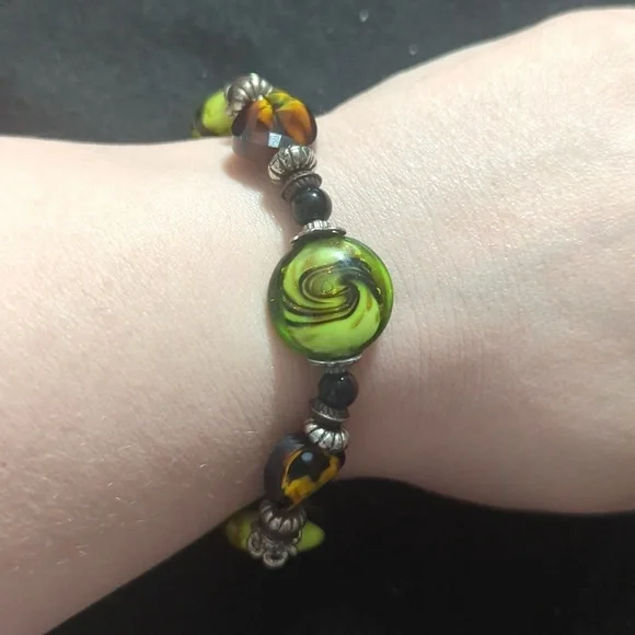 Silver Tone Black Green Orange Brown Swirl Glass Bead Statement Bracelet
