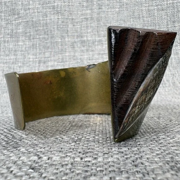 Vintage Handmade Brutalist Brass Brown Carved Wood Modernist Open Cuff Bracelet