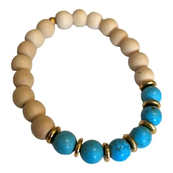 🔴 New‎ Vitality bracelet wooden and turquoise beads blue gold white adjustable