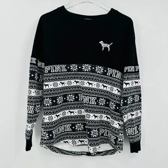 VS PINK Size XS Black & White Sequin Embellished Winter Pullover Sweatshirt