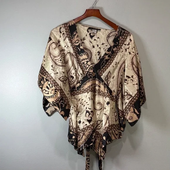 Vtg 100% Silk Paisley Kimono Sleeve Tie Back V-Neck Blouse Tan Black Large boho