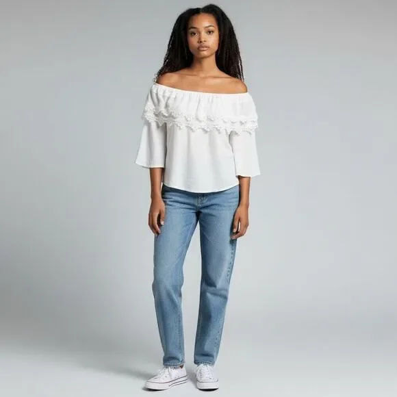 Ambiance Solid White Strapless Lace Crop Blouse M