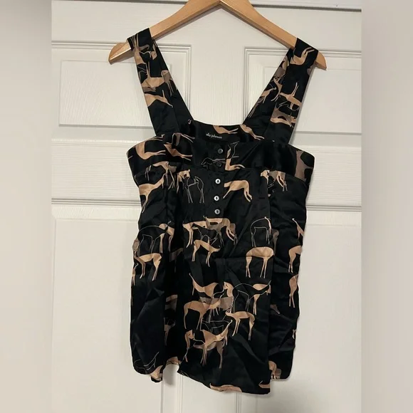 Ulla Johnson Silk Tank Top Black Gold Deer Doe Animal Print‎