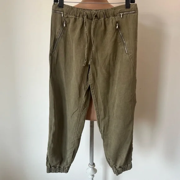 Zara Army Green Cropped Cargo Linen Blend Zipper Pull On Pants EUC Size Medium