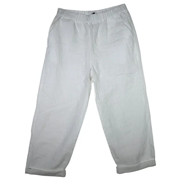 Quince White 100% Linen Elastic Waist Cropped Pants Cuffed Hem Size‎ S