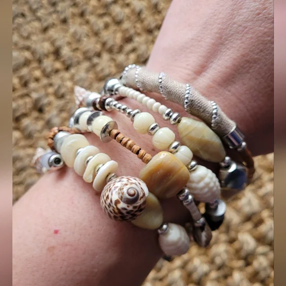 6 Strand Earthy Wraparound Bracelet, Stone, Shell & Wood. Cream, Silver, Brown.