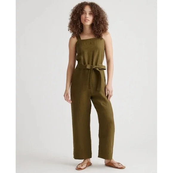 Quince Women 100% European Linen Square Neck Jumpsuit Martini Olive Size S