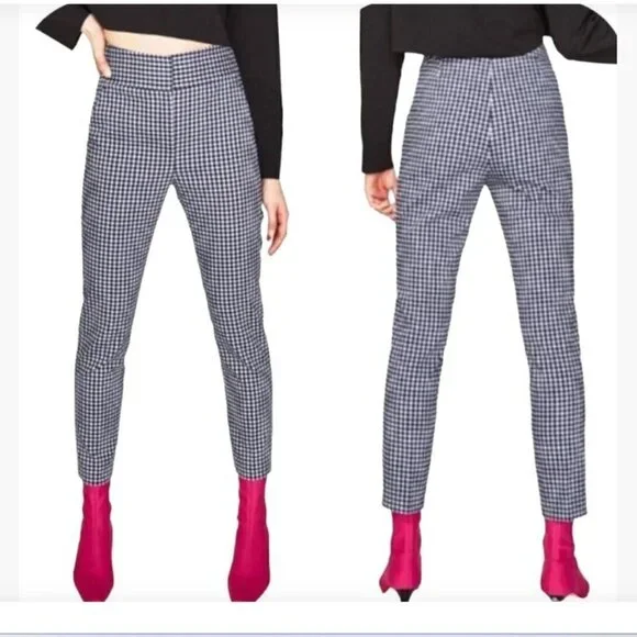 Zara Navy & White Gingham Check high waist ankle pants - 2 - Turkey