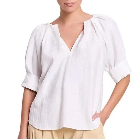 a.l.c. White Carey Cotton Linen Puff Sleeve Short Sleeve Pleated Blouse 6