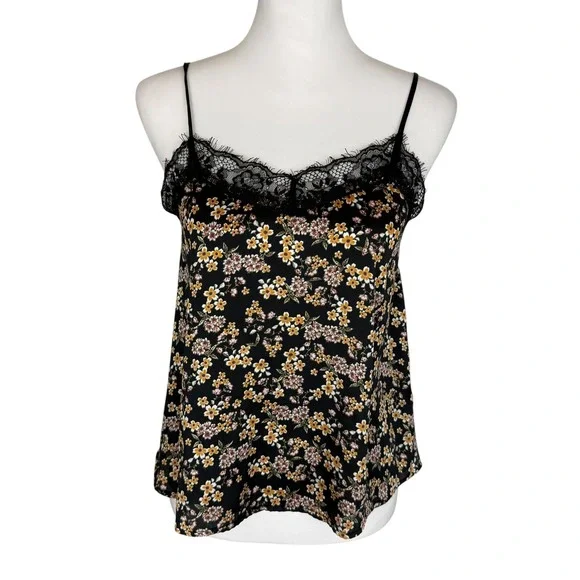 Wild Fable Black Floral Lace Trim Camisole Top XS Adjustable Straps Y2K