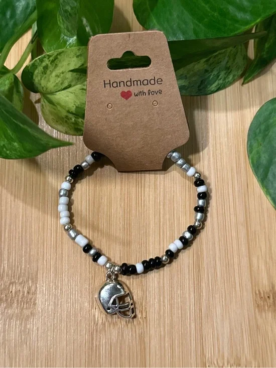 🏈✨ Football Stretchy Beaded Bracelet | Handmade | Silver Football Dangle Charm