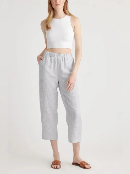 Quince 100% European Linen Pants Blue Pinstripe Large Breathable Lightweight NWT