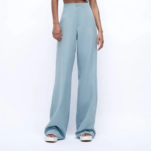 FULL LENGTH LINEN BLEND PANTS MID-BLUE NEW