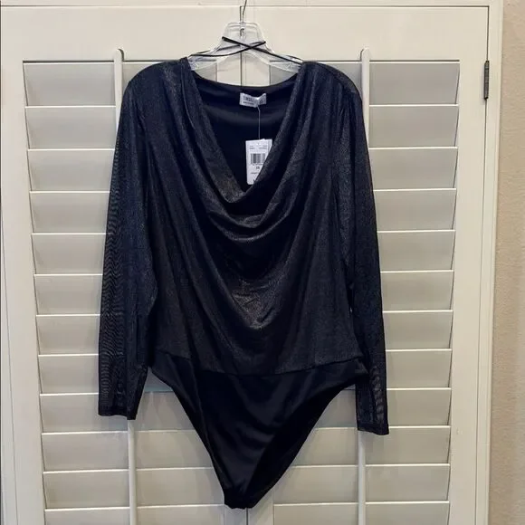 Tinsel Metallic Black Cowl Neck Bodysuit