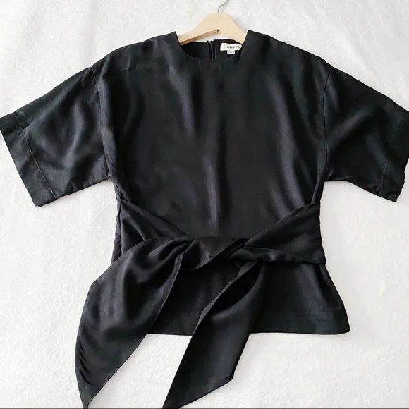 Black Tied Waist Wide Sleeve Blouse