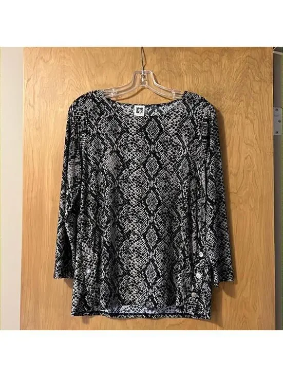 Anne Klein Black Gray Blouse Women's Medium Decorative Side Buttons Career Top