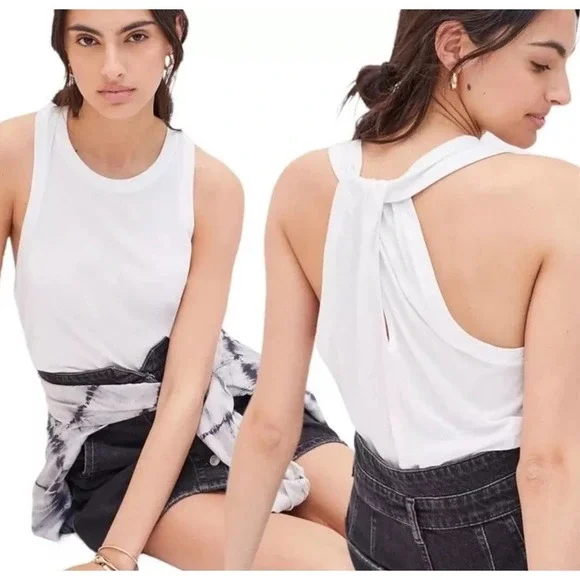 Anthropologie White‎ Twist Racerback Tank Size Large New
