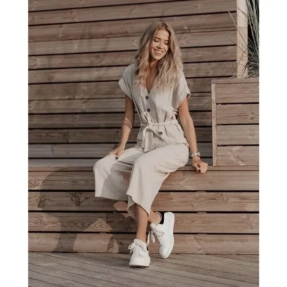 H&M Linen Viscose Blend Jumpsuit Overalls Beige
