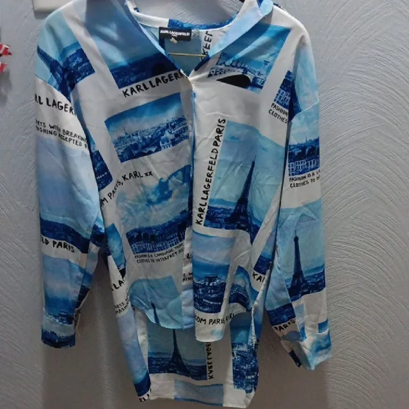 Karl Lagerfeld White and Blue Paris Print Shirt