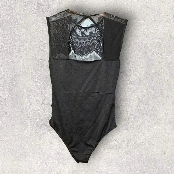 Black Lace Bodysuit Sleeveless Snap Crotch Open Back‎ Sexy Lingerie Top