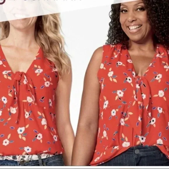 Like new CABI Tied Up Red Floral Sleeveless Blouse Size Large