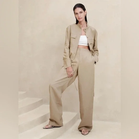 BANANA REPUBLIC Arcata Tencel-Linen Easy Wide Leg Pants in Beige Women Medium