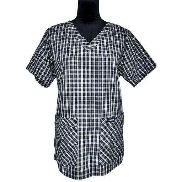LANDAU Blue Green Red White Plaid V-neck Scrub Top Medical Uniform Medium