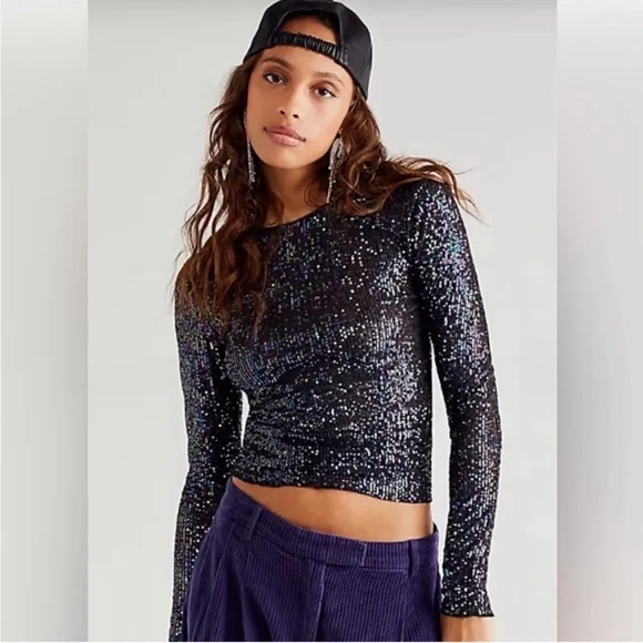 Intimately Free People Gold Rush Sequin Black‎ Long Sleeve Tee Multi Colored