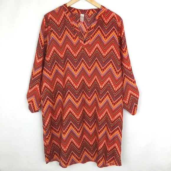 Women’s Colorful Multi Print Tunic/Top Dress Boho Orange Chevron Ladies Size XXL