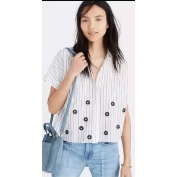 Sz S Madewell Striped Embroidered Button Up‎ Blouse Top Short Sleeve white