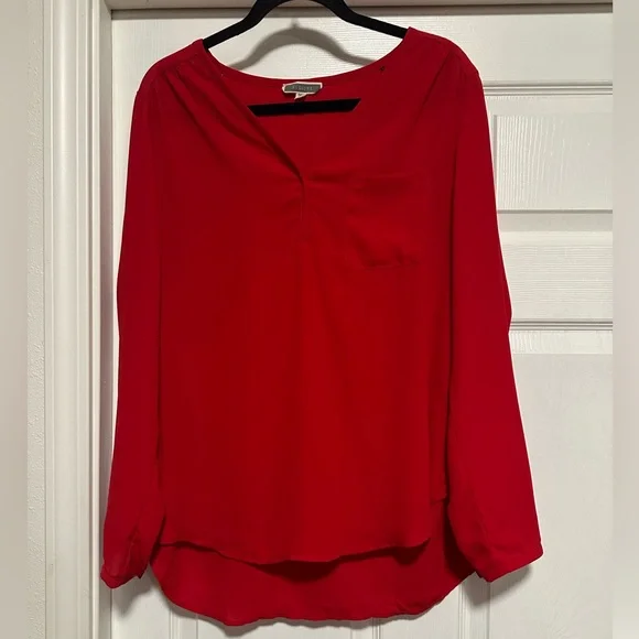 Pleione Long-sleeve Red Blouse with Front Pocket Women's M