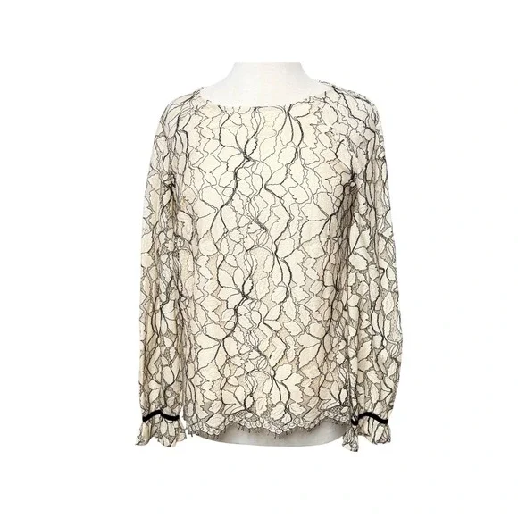 Rose + Olive Lace Overlay Blouse Sz M‎ Cream Black Long Sleeve Ruffle Cuff