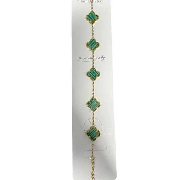Gold Plated Stainless Steel Clover Bracelet With Green Enamel Accents