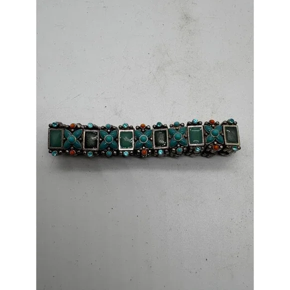 Vintage Southwestern Style Stretch Bracelet Turquoise Teal Enamel & Coral Accent