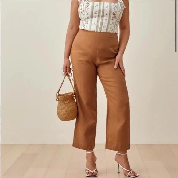 REFORMATION Brown‎ Justin 100% Linen Trouser Pant Size 8