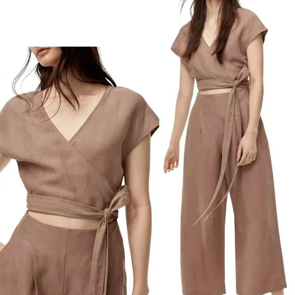 Aritzia Wilfred Brax Wrap Jumpsuit Wide Leg Size 0 Nutmeg Brown Linen Blend