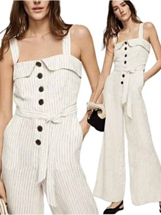 Mango 100% Linen Sleeveless Striped Button Front Wide Leg Jumpsuit Size Large