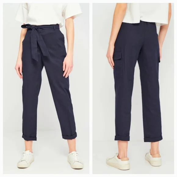 Zara Navy Blue Linen Roll-Up Cargo Pants XS Cropped High Rise Tie Belt Women's