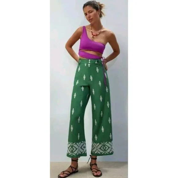 Zara Embroidery Linen High Waisted Straight Pants Size S 2731/240/500 BRAND NEW