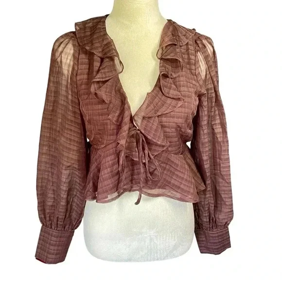 Le Lis Collection Cropped Ruffle Semi Sheer Brown Long Sleeves Top Women Size S