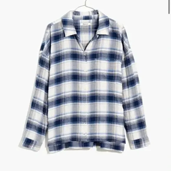 Madewell Hartfield Flannel Plaid Shirt M White Blue Peach Boxy Side Slit Button