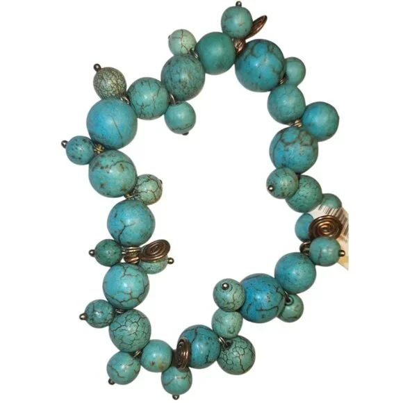 Stretch Bracelet Howlite Beaded W/ Brass Coil Accents 4