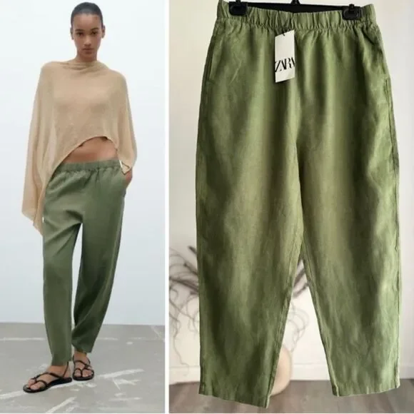 ZARA Women's Linen Olive Green Trousers Pants Size medium‎